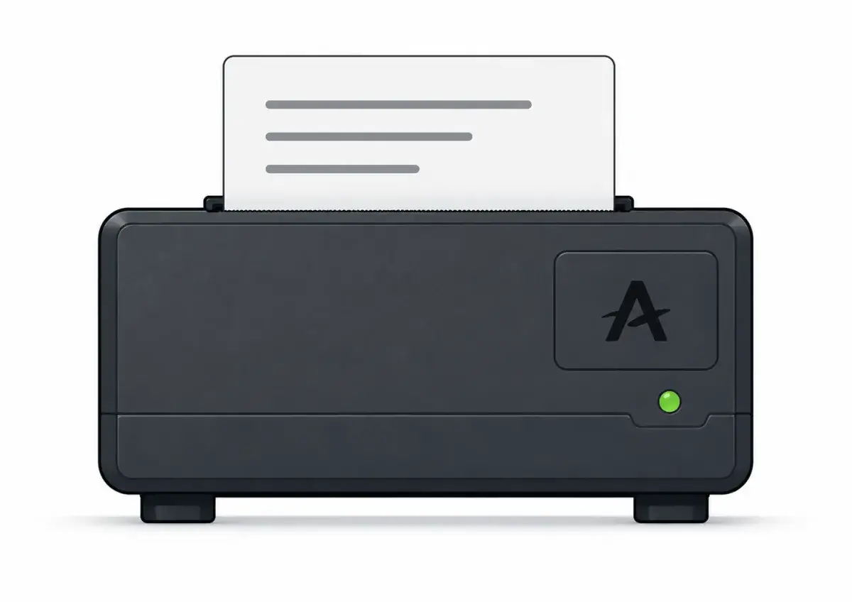 The Aurora Printer, a compact unit with a printed document feeding out of the top